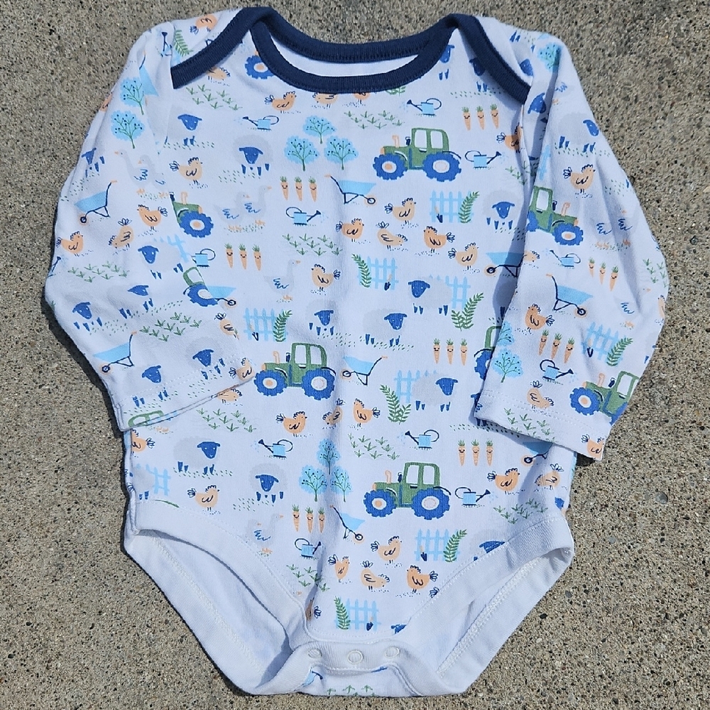 Gymboree Blue and White Bodysuit with Farm Print